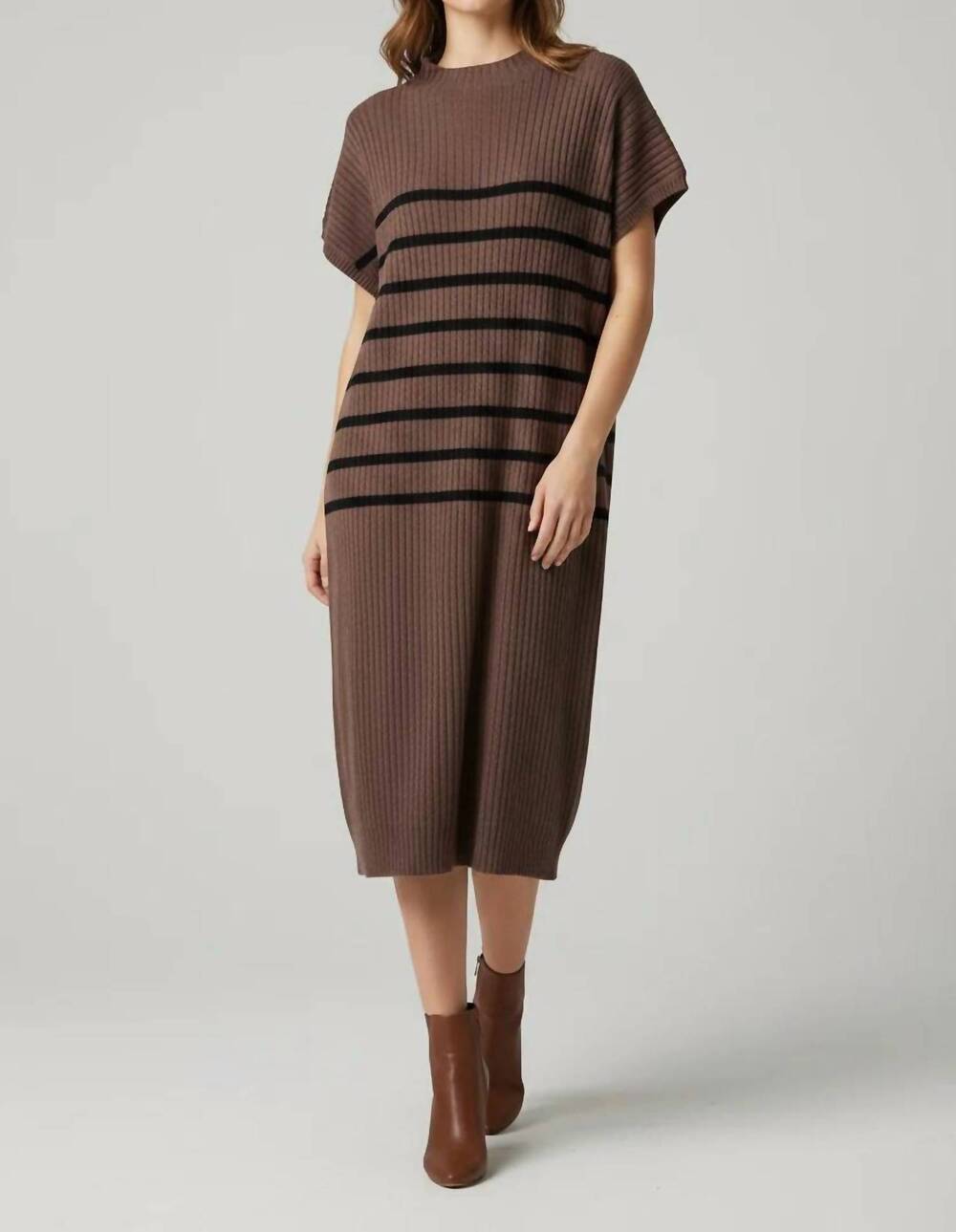 NEW SHE + SKY women's shoulder mock neck striped sweater dress in mocha